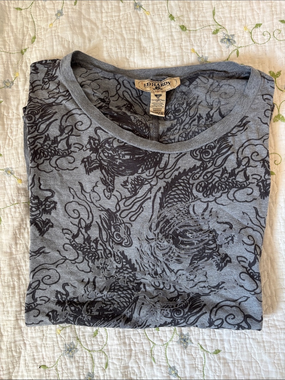 Vintage Ed Hardy Dragon Graphic 3/4 Sleeve Tee Gray Y2K Women’s Small